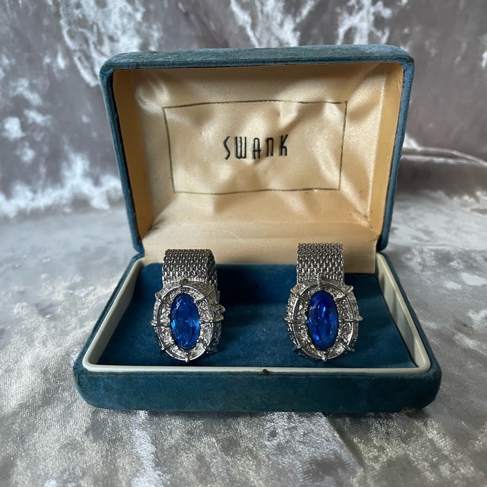 SWANK Silver Mesh Cufflinks with Blue Gem